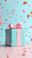 3d Pastel gift box suspended midair valentine love, peach ribbon trailing, confetti swirling around celebrating festive moment. Vertical format background photo