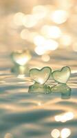 3d Glass hearts delicately floating on rippling water valentine love, bathed in soft golden light background, conveying emotional connection and gentle tranquility. Vertical format photo