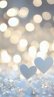 Many 3d white heart shapes warm light background valentine love creating a romantic and lovely atmosphere. Vertical format photo