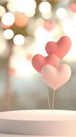 3d Pink heart shaped flowers in white vase, decorative heart, valentine love lantern and string lights creating romantic atmosphere on blurred background. Vertical format photo