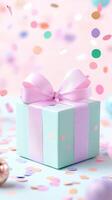 3d Pastel gift box valentine love tied ribbon, adorned with falling confetti against turquoise background. Vertical format photo