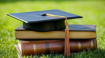 Graduation cap resting on books amid grass, symbolizing scholarly achievement, learning milestone, educational completion photo