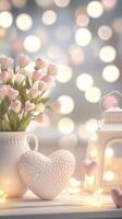 3d Pink heart shaped flowers in white vase, decorative heart, valentine love lantern and string creating romantic atmosphere on blurred background. Vertical format photo