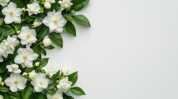 white blossoms jasmine verdant green creating elegant border against pristine white background, highlighting botanical purity copy space for your text photo