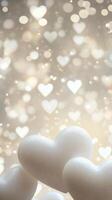 Many 3d white heart shapes decorating light background valentine love creating a romantic and lovely atmosphere. Vertical format photo