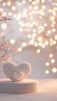Floating red and white 3d hearts encircling valentine love white ring on glossy podium, abstract soft bokeh background evoking romantic mood. Vertical format photo