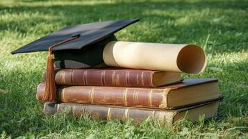Graduation cap resting on books amid grass, symbolizing scholarly achievement, milestone, educational journey completion photo
