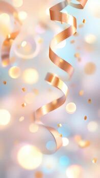 Golden 3d confetti shimmering falling against a vibrant light blue background with a soft bokeh effect, creating a festive and celebratory atmosphere. Vertical format photo