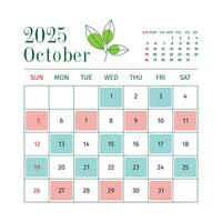 Elegant Nature Inspired October 2025 Calendar with Clean Minimal and Professional Design vector
