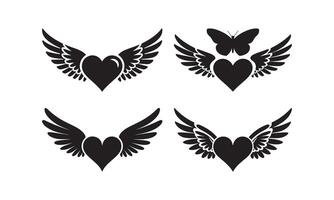 Four Heart with Wings and Butterfly Silhouettes vector