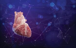 3D illustration of a structure of triangles connected by dots in the shape of a human heart placed on a dark background. Used in medicine, science, education, advertising, commerce and industry. vector