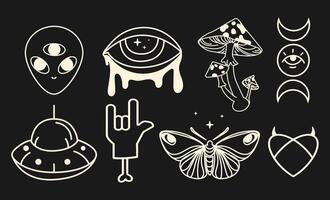 Esoteric icon with UFO, butterflies, moons. Surreal psychedelic drawing. Psychedelic aesthetics set. Alternative witch linear symbols vintage style for gothic,boho, psychedelic designs. vector