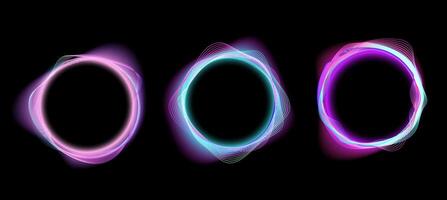 Futuristic glowing neon rings with wave effects. Set of three abstract neon rings with glowing wave effects on a black background. for digital designs, technology concepts, sci fi, UI elements vector