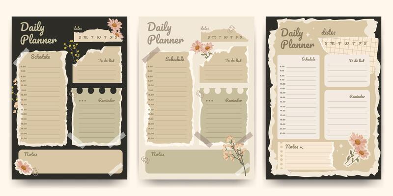Vintage aesthetic daily planner templates set, . Set of vintage style daily planner with old torn paper textures, flowers , elegant typography for printable planners, journaling, stationery