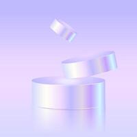 Floating iridescent holographic cylinders with a metallic sheen on a gradient background. Modern and futuristic design for product display, branding, and digital artwork. Abstract illustration vector