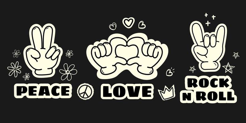 Stylized hand gestures representing peace, love, and rock 'n' roll with bold typography and Vintage doodle elements on a black background. Retro stickers, posters, music merch, graphic design