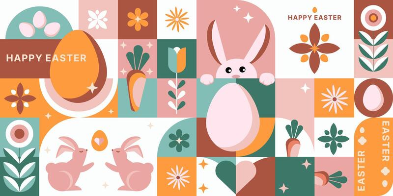 Modern abstract Easter banner illustration with bunny, eggs, floral elements in a geometric pastel design.Easter cards, social media, website banners, printable decorations, gift wrapping.