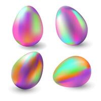 Vibrant holographic eggs Set with reflections. 3D iridescent Easter eggs different positions on a white for holiday decorations, digital art, greeting, festival graphics, creative design. vector