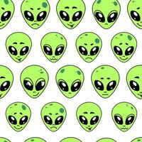Fun alien emoji pattern with expressive faces.Seamless pattern green alien heads with facial expressions in a cartoon style. illustration for textiles, wallpapers, stickers, wrapping paper vector