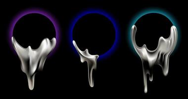 Abstract designs featuring Chrome metallic liquid dripping from black circular frames with neon glowing edges Set. Futuristic illustration for graphic design, branding, posters,digital artwork vector