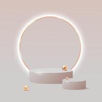 Minimalist 3D podium with a glowing frame and golden spheres on a soft beige background. Elegant illustration for product displays, branding, presentation, luxury design, cosmetics, promotion vector