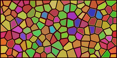 A vibrant, colorful stained glass pattern with irregular polygonal shapes outlined in bold black and gold lines. The mosaic design features a mix of red, green, blue, yellow, and purple hues. vector