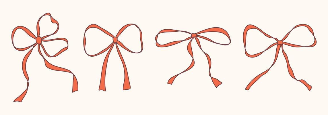 Minimalist red hand drawn bow set. Bowknot with ribbons for wedding, birthday, christmas cards, poster, tattoo, gift, frames. Doodle Sketch elements. Vintage coquette bows. Isolated illustratio
