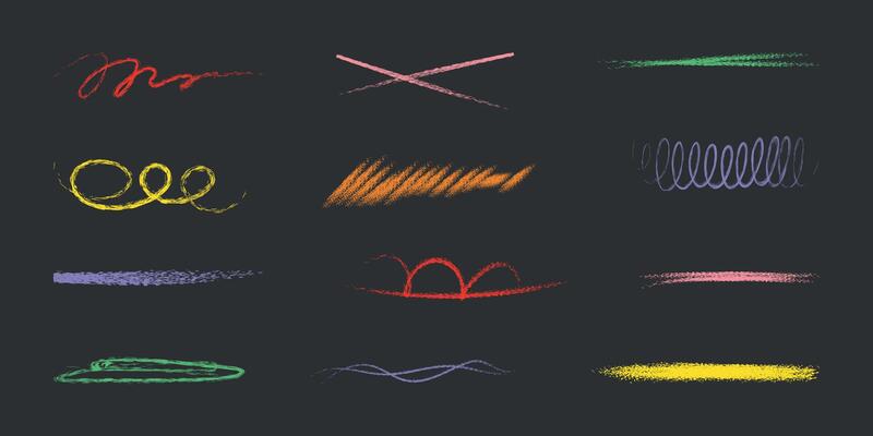 Hand drawn crayon brush set. Collection of lines, wavy chalk scribble, colors highlight pencil. Grunge Underline elements in doodle style. Kids brushstroke for sketch. Isolated pastel illustrat