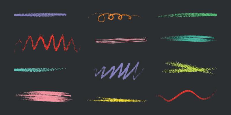 Hand drawn crayon brush set. Underline elements in doodle style. Collection of lines, wavy chalk scribble, colors highlight pencil. Grunge kids brush for sketch. Isolated pastel illustrat