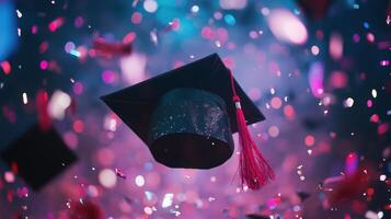 Graduation cap resting on golden confetti, sparkling with celebration of academic education copy space for your text photo
