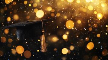 Graduation cap with gleaming tassel hovering above blurred festive lights, representing academic achievement and educational milestone photo