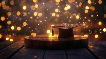 Graduation cap with gleaming tassel hovering above blurred festive lights, representing academic achievement and educational milestone copy space for your text photo