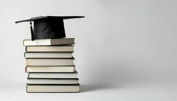 Graduation cap resting atop books, symbolizing educational milestone, academic success, learning photo