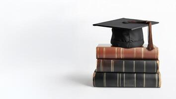 Graduation cap resting atop books, symbolizing educational milestone, academic success, journey copy space for your text on white background photo