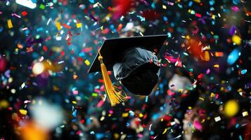 A graduation cap and diploma amidst a shower of confetti captures the celebratory spirit of academic achievement. a moment of pride and joy, reflecting years of hard work and dedication with confetti photo