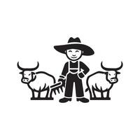 Farmer farming with bulls simple high contrast with background vector