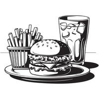 Hamburger Fries and Soda Line Art for Clean Coloring Pages vector