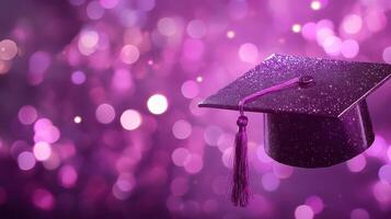 Graduation cap with gleaming purple tassel hovering above blurred festive lights, representing academic achievement and educational milestone photo