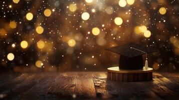 Graduation cap with gleaming tassel hovering above blurred festive representing academic achievement and educational milestone copy space for your text photo