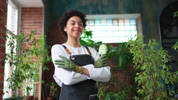 Running of own business. African woman florist wearing apron in botanical store with green plants. Happy small business owner working at flower shop smiling surrounded by plants Small business video
