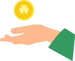 Gold coin with shamrock image above outstretched palm of hand wearing in green sleeve. vector
