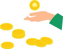 Hand wearing green sleeve holding gold coin with shamrock image on the backgound of scattered gold coins. vector