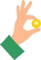 Hand wearing green sleeve holding a gold coin with clover image. vector