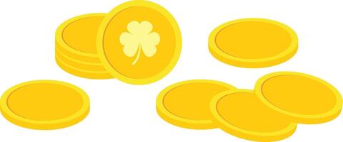 Stacked and scattered gold coins with shamrock image. vector