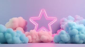 3d abstract frame Neon star glow radiating through dreamy cloudscape, blending blue pink gradient with surreal luminescent ambiance background photo