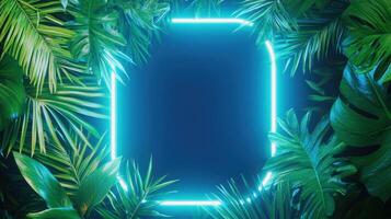 3d Neon border lit tropical frame glowing brightly, casting vivid colors against blurred deep blue backdrop suggesting exotic nighttime jungle essence photo