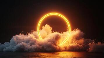 3d abstract frame cloud illuminated with neon light ring Glowing circle illuminating purple creates a surreal and dreamy atmosphere in a fantasy sky background photo