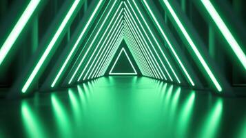 3d Glowing Abstract green neon triangles creating futuristic tunnel with metallic surface background photo