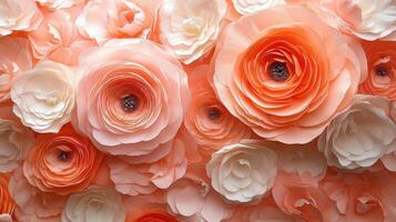 Delicate pink blooming against soft pastel background, creating elegant floral composition with gentle, romantic mood photo