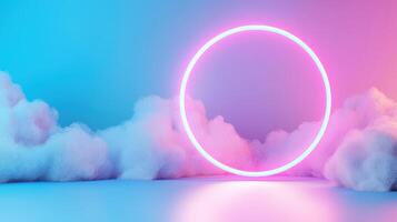 3d abstract frame Neon circular glow radiating through dreamy cloudscape, blending blue pink gradient with surreal luminescent ambiance background photo
